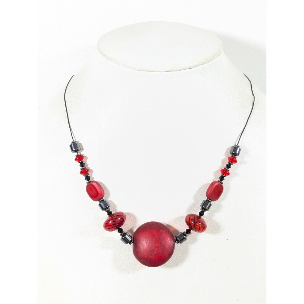 Red Black Frosted Art Glass Bead Necklace Sterling Clasp 20"